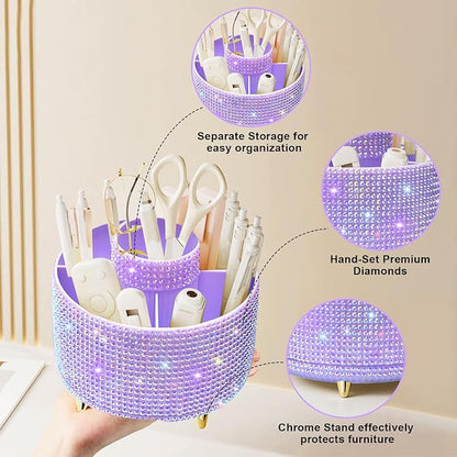 Diesisa Bling Diamond 360° Makeup Brush Holder Organizer, Rotating Makeup Brush Organizer,5 Slot Make up Brushes Cup for Cosmetics, Vanity Desktop Organizer, Gift for Women Teen Girls- Diamond Purple