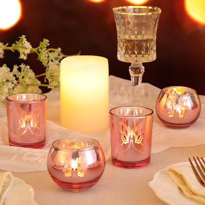 Lanttu Pink 12 Pcs Combination Tea Lights Candle Holder Decorative with Butterfly Pattern, Votive Candle Holders for Wedding, Birthday, Anniversary, Parties, and Holiday Decorations