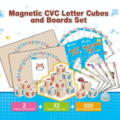 Magnetic CVC Letter Cubes Writing Boards Set. 32 Magnet ABC Blocks, 2 Magnetic Spelling Boards, 100 Word Building Cards, CVC/CVCC Literacy Spelling Reading Alphabet Manipulative Phonemic Awareness