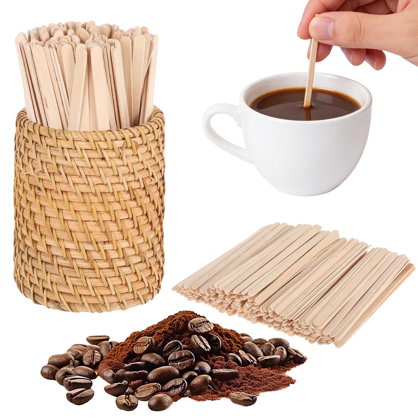 200-Count Coffee Stirrers Holder, 5-Inch Rattan Cocktail Stirrers, Wood Stir Sticks for Hot or Cold Beverages, Coffee Bar, Home Kitchen, Party Supplies & Halloween Decor