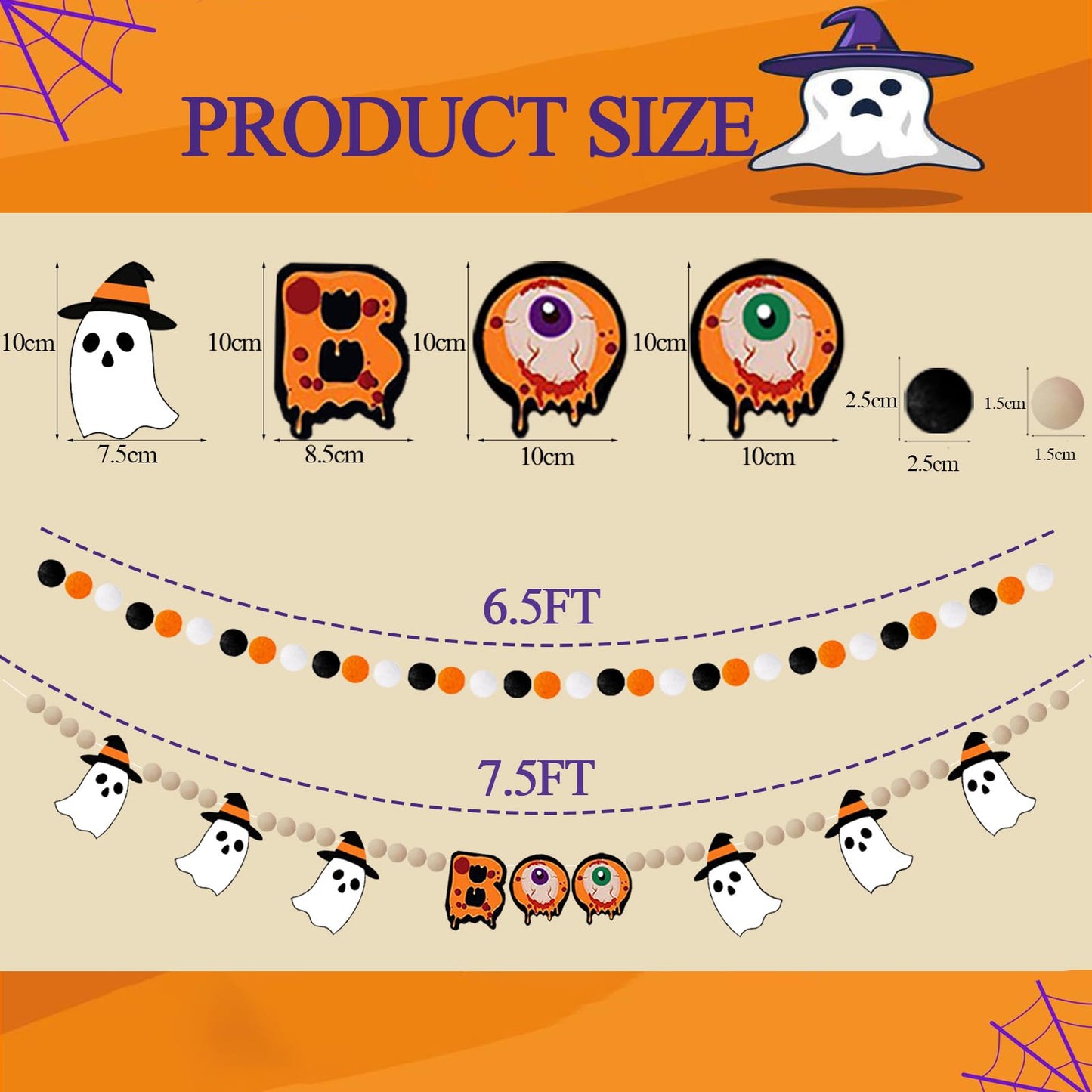 Felt Halloween Garland, 7.5Ft Boo Ghost Garland with Wooden Beads for Halloween Decorations, 2Pcs Cute Indoor Banner for Mantle Fireplace Indoor Home Party Decor