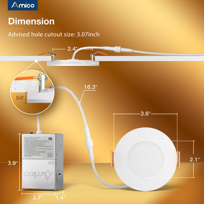 Amico 12 Pack 6 Inch 5CCT LED Recessed Ceiling Light with Night Light, 2700K/3000K/3500K/4000K/5000K Selectable Ultra-Thin Lighting, 12W=110W, 1100LM, Dimmable Canless Wafer Downlight ETL&FCC