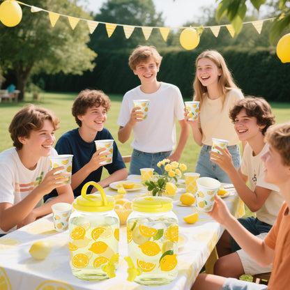 2 Piece Lemon Plastic Drink Dispenser and 40 Pcs Lemon Paper Party Cups 1 Gallon Iced Beverage Dispenser Tea Jar with Spigot and Carrying Lid Clear Dispenser for Lemonade Stand Lemon Juice Tea Beer
