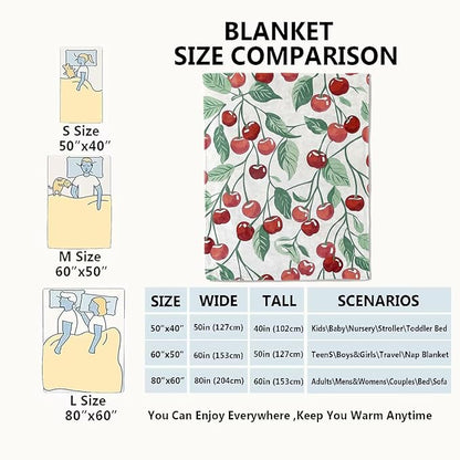Cherry Blanket Fresh Red Fruit Throw Blankets with Green Leaves,Birthday Gifts for Kids Adult Women,Lightweight Soft Fleece,for Sofa Couch Bed Room Farmhouse Summer Decor 40x50in