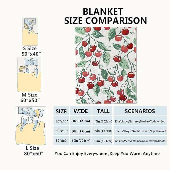 Cherry Blanket Fresh Red Fruit Throw Blankets with Green Leaves,Birthday Gifts for Kids Adult Women,Lightweight Soft Fleece,for Sofa Couch Bed Room Farmhouse Summer Decor 50x60in