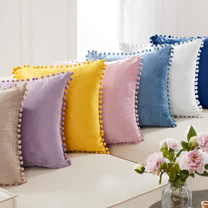 Deconovo Velvet Throw Pillow Covers, Set of 2, 22” x 22” Navy, Comfortable Square Pom-poms Soft Hidden Zipper Cover for Bedroom