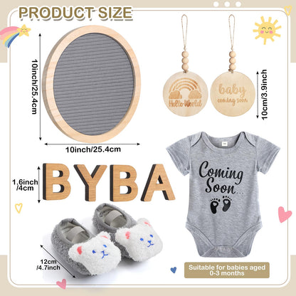Canlierr 8 Pcs Pregnancy Announcement Set Pregnancy Reveal Ideas Include Felt Letter Round Board Kit Baby Bodysuit Booties Wood Blocks Wooden Signs for Coming Soon Baby Announcement(Gray)