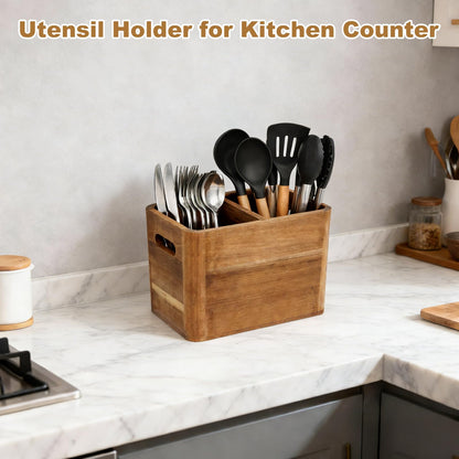 Utensil Holder, Kitchen Utensil Holder, Acacia Wooden Utensil Holder, Kitchen Utensil Holder for Countertop, Medium Utensil Holder for Storage Cooking Tools and Silverware with 2 Compartments
