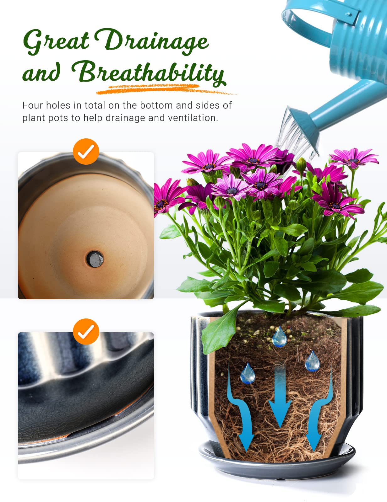 AISBUGUR Plant Pots 6 inch Ceramic Pots for Indoor Plants Set of 2 Flower Pots Unique Crackle Glaze Design Plant Pots with Drainage Hole and Saucer Come with Drainage Nets (Grey)