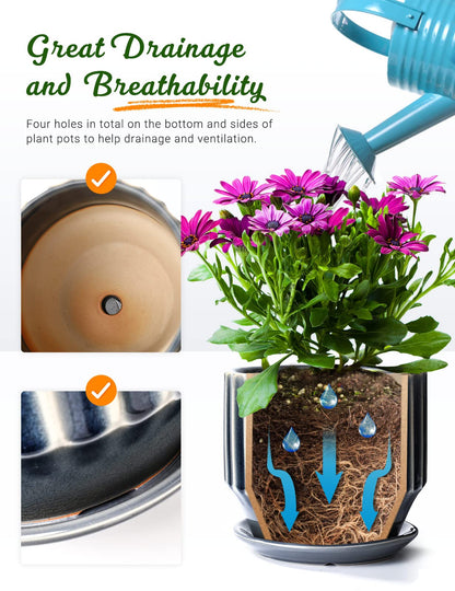 AISBUGUR Plant Pots 6 inch Ceramic Pots for Indoor Plants Set of 2 Flower Pots Unique Crackle Glaze Design Plant Pots with Drainage Hole and Saucer Come with Drainage Nets (Grey)