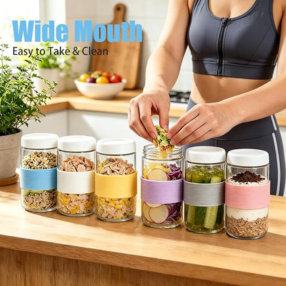 24 oz (6 Pack) Overnight Oats Containers with Airtight Lids and Silicone Sleeves - Perfect for Overnight Oats, Salad, Yogurt, Snacks, Pickles - Leakproof and Reusable Glass Food Storage Containers