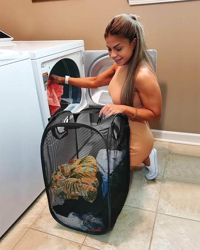 HOUSE AGAIN Mesh Popup Laundry Hamper, [Reinforced] Collapsible Laundry Basket, Foldable Pop Up Hamper with Durable Handles, Easy to Open and Fold for Dorm, Laundry Room, Bedroom, Travel, (Black)