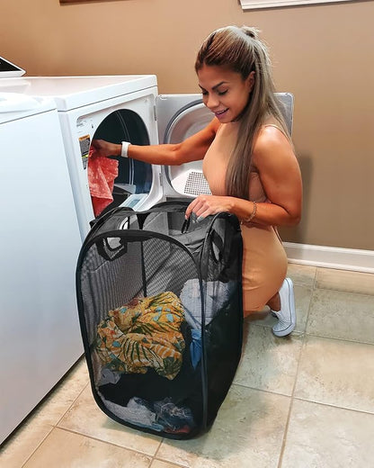 HOUSE AGAIN Mesh Popup Laundry Hamper, [Reinforced] Collapsible Laundry Basket, Foldable Pop Up Hamper with Durable Handles, Easy to Open and Fold for Dorm, Laundry Room, Bedroom, Travel, (Black)
