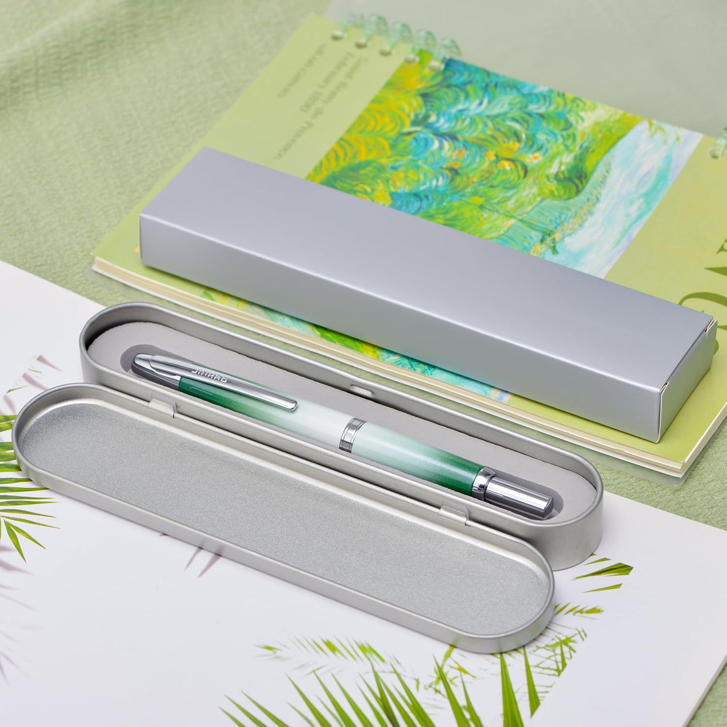 Jinhao 10 Press Fountain Pen with Box, Gradient Grass Green Retractable Extra Fine Nib with Ink Converter Set (Silver Clip)