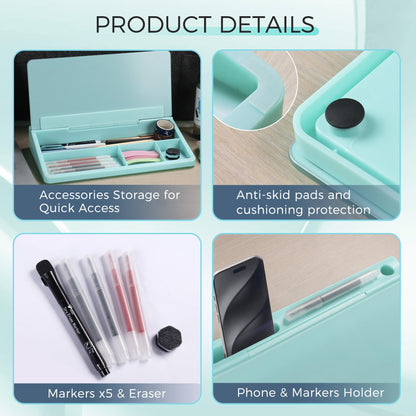TOWON Small Compact Glass Desktop Whiteboard with Storage – 12 x 7 in Dry Erase Board for Desk, Home Office, School | Includes 5 Markers, Eraser & Holder | Space-Saving Organizer, Aesthetic Teal Blue