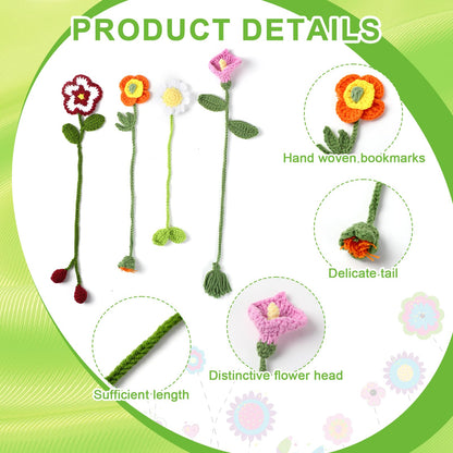 Harloon 4 Pieces Book Lover Gifts Flowers Crochet Bookmarks Handmade Knitted Book Marker Curtain Tiebacks Holdbacks Car Ornaments for Readers Writers Library(Cute)
