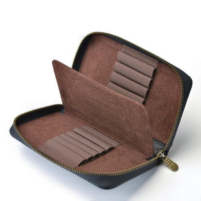 Fountain Pen Case Genuine Leather Pen Case 10 Divided Slots Black, Rollerball Pen Holder Handmade Display Organizer Zippered Pouch