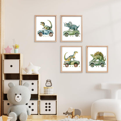 VONTP Dinosaur Nursery Wall Art Decor, Green Dino Construction Truck Boys Room Artwork for Kids Room Nursery Playroom, 8x10 Inch Set of 4 (Unframed)