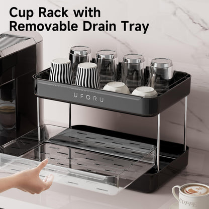 UFORU Countertop Coffee Station Organizer, 2 Tier Wine Glass Holder, Mug Display Shelf with Removable Drain Tray, Spice & condiment Rack for Kitchen, Bathroom Countertop Organizer, Black