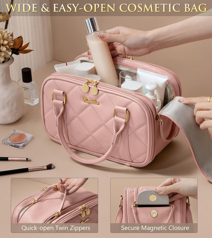 Bagstellar Travel Makeup Bag, Large Capacity Quilted Toiletry Bag for Women Stand-up Cosmetic Bag Open Flat Make Up Case Organizer Portable Pouch Purse w/Handle for Traveling Accessories, Pink