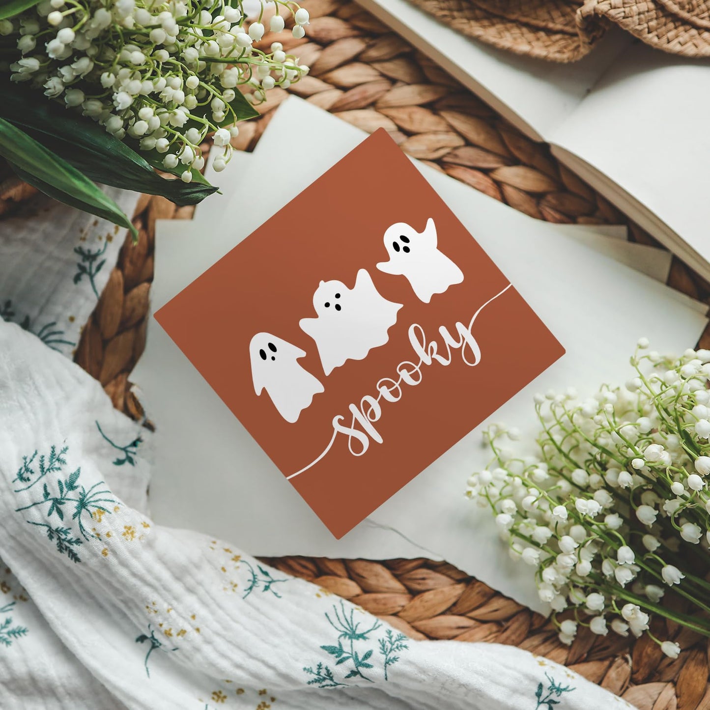 KFXHANGD Happy Halloween Ghosts Wooden Box Sign Desk Decor, Fall Thanksgiving Decoration, Fall Halloween Ghosts Decoration for Home Office, Halloween Spooky Gost Shelf Desk Decor 5x5 Inch