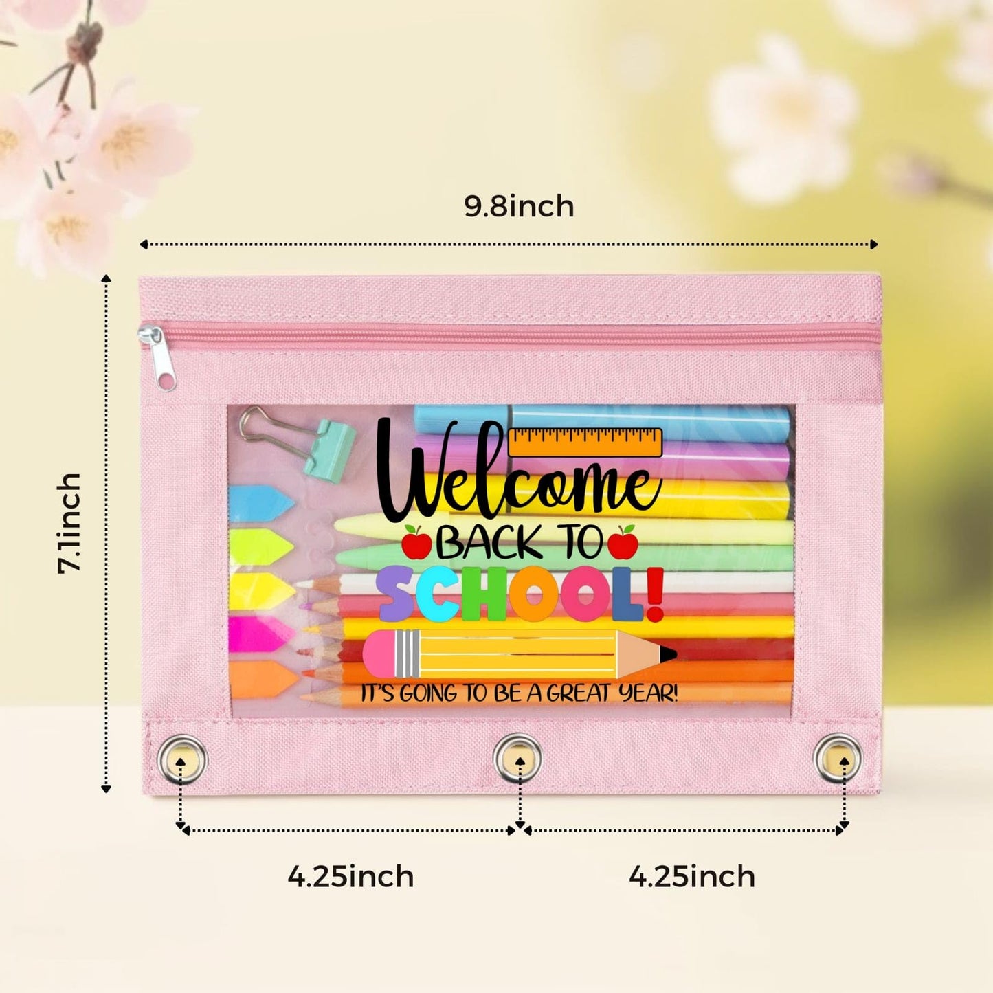 TOPWOOZU Zippered Pencil Pouch Cute for 3 Ring Binder, Welcome Back To School Clear Pen Pencil Case Bag Pink 2 Pack