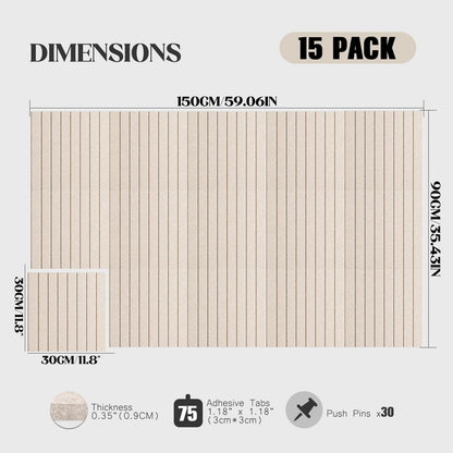 59 x 36 Felt Bulletin Board Tiles - 15 Pack 150g High-Density Sound Absorbing Panels, Slat Wall Cork Board Alternative for Office & Home, Includes 30 Pushpins & 75 Adhesive Tabs, Oatmeal