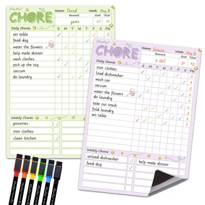 Magnetic Dry Erase Chore Chart - 8.5"x12" Behavior Responsibility Chore Board for Kids, Teenagers - 6 Extra Fine Point Markers Included - Shipped Flat 2 Pcs