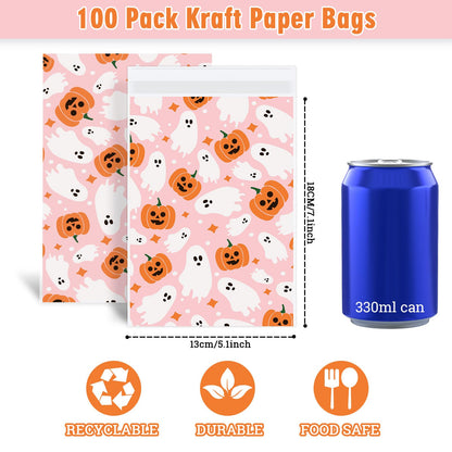 Whaline 100Pcs Halloween Treat Bags Self Adhesive Pink-Orange Ghost Pumpkin Candy Goodie Bag Cute Buffet Favor Bag for Trick or Treat Birthday Party Supplies