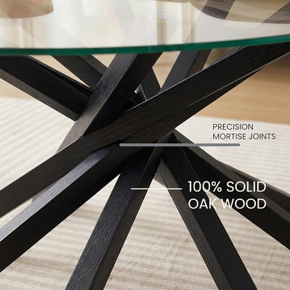 Round Glass Coffee Table-Mid Century Modern Solid Wood Coffee Table | Unique Glass Top&Solid Wood Mortise Interlocking Starburst Legs Design for Living Room,Office,Hotel Lobby