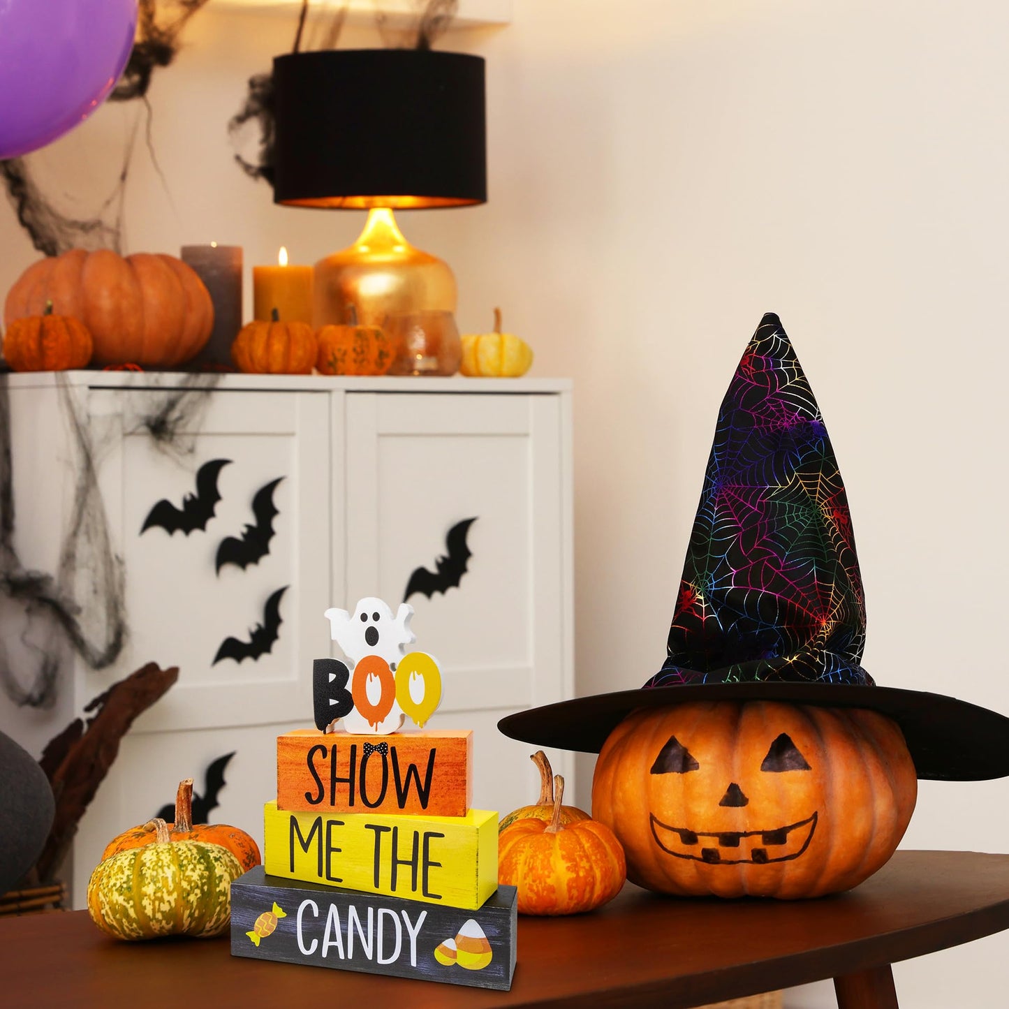 4 Pcs Halloween Wooden Tiered Tray Decor, Show Me the Candy Decorations Gifts for Home, Halloween Table Centerpiece for Fall Party Kitchen