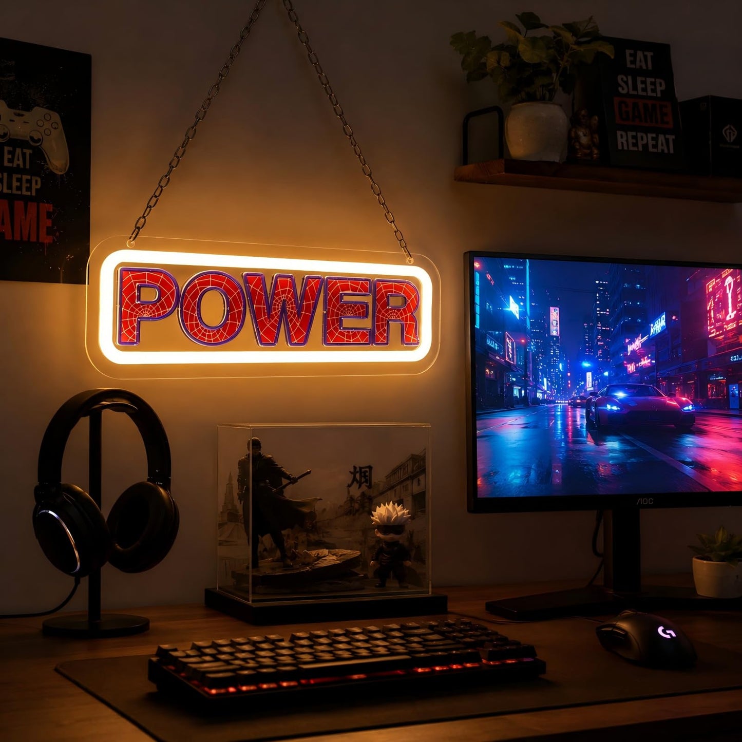 AGJKSGH Power Neon Sign Spider Web Lettering LED Light Up Sign for Wall Decor, Cool Superhero Theme Comic Neon Light for Kids Boys Bedroom Gaming Room, Trendy Birthday Gifts with Chain