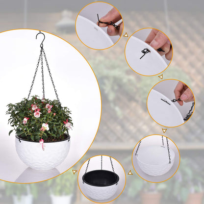 Foraineam 10.2 Inch Dual-pots Design Hanging Planters, Self-Watering Indoor Outdoor Hanging Flower Basket Plant Pot with Drainer and Hanging Chain, White