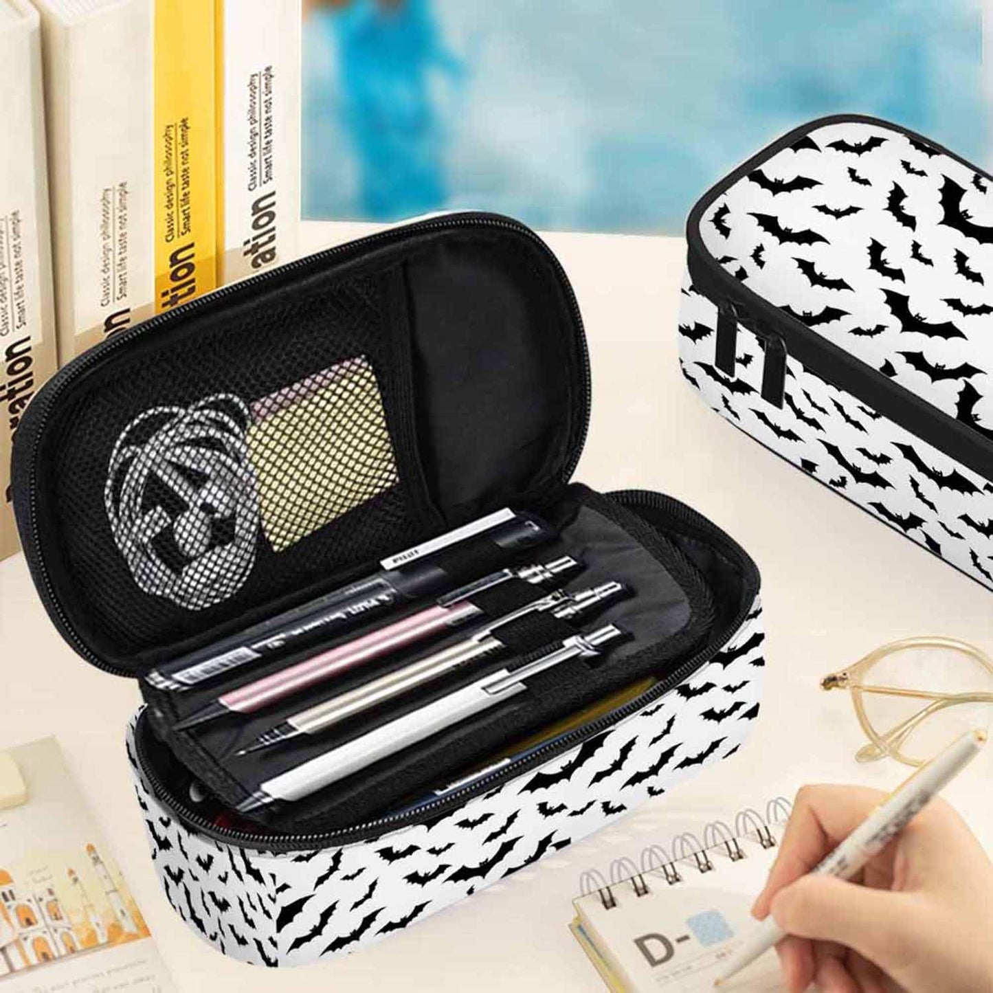 Xuwenz Black White Bats Pencil Case Halloween Bat Large Large Capacity Pen Pouch for School Student Office Adult Girl Boy