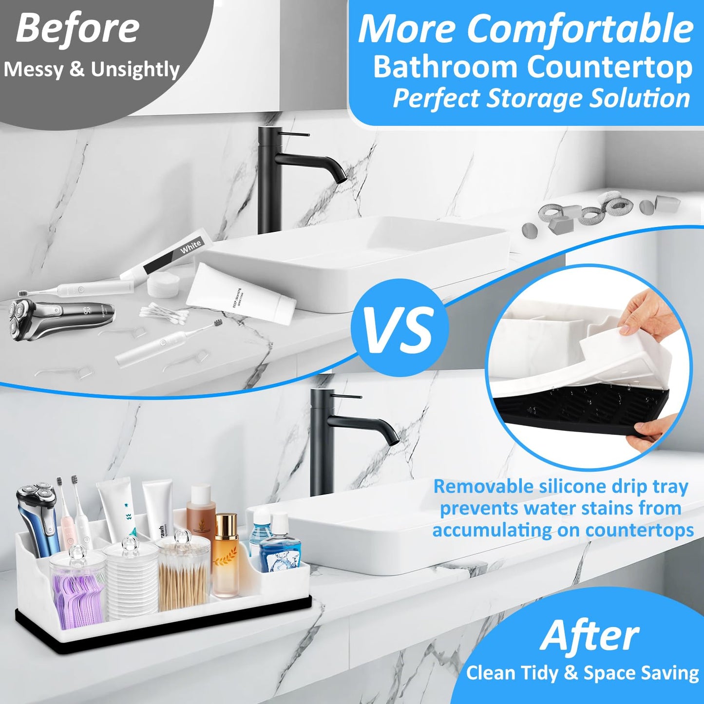 Bathroom Counter Organizer, White Silicone Toothbrush Holders for Bathrooms Organizer Countertop with 3PCS Qtip Holder, Toothbrush and Toothpaste Holder for Bathroom Organization Storage Vanity