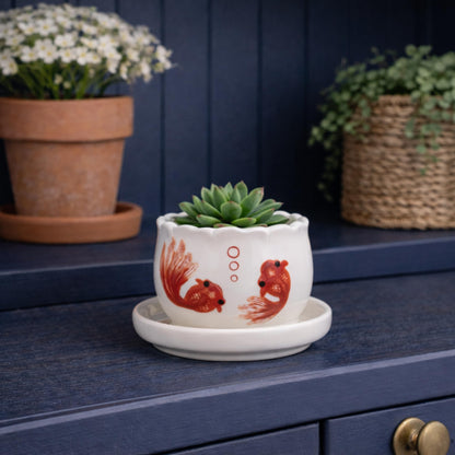 The Bridge Collection Small Gold Fish Planter with Saucer – Round Ceramic Plant Pot Featuring Swimming Fish Design – Asian Inspired Decorative Planter Accent