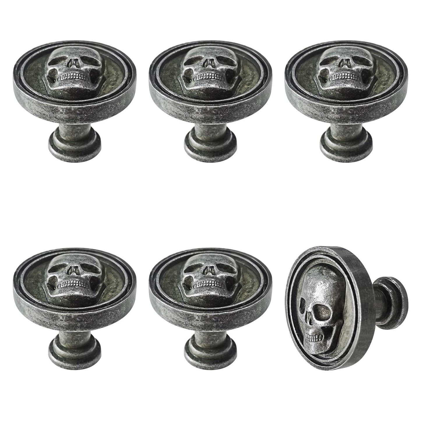 BAMI-LEE House 6PCS Vintage Skull Skeleton Cabinet Knobs - Single Hole Zinc Alloy Drawer Pulls for Kitchen, Wardrobes, Bookcases, Dresser, Closets (Ancient Tin)