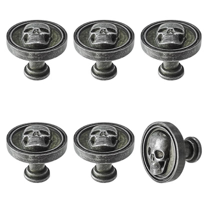 BAMI-LEE House 6PCS Vintage Skull Skeleton Cabinet Knobs - Single Hole Zinc Alloy Drawer Pulls for Kitchen, Wardrobes, Bookcases, Dresser, Closets (Ancient Tin)