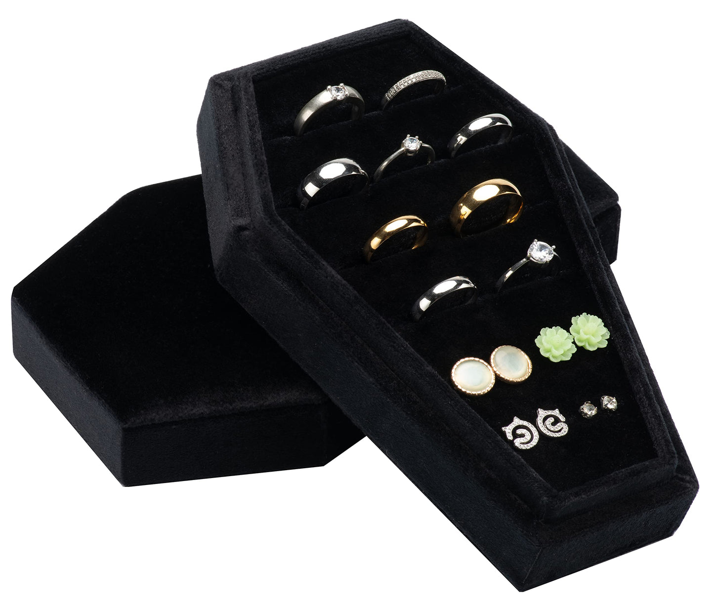 Giftop Large Velvet Coffin Ring Box Jewelry Tray Travel Case Hold Up 15 Rings for Accessories Gothic Home Jewelry Organizer Decorations Goth Decor Gifts (Black)