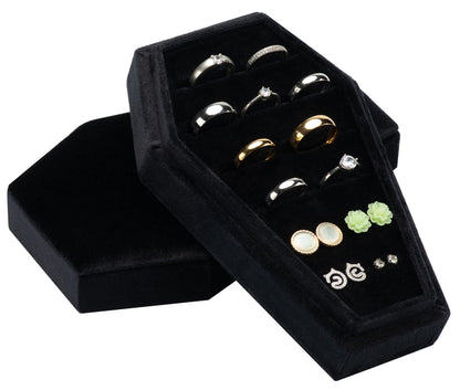 Giftop Large Velvet Coffin Ring Box Jewelry Tray Travel Case Hold Up 15 Rings for Accessories Gothic Home Jewelry Organizer Decorations Goth Decor Gifts (Black)