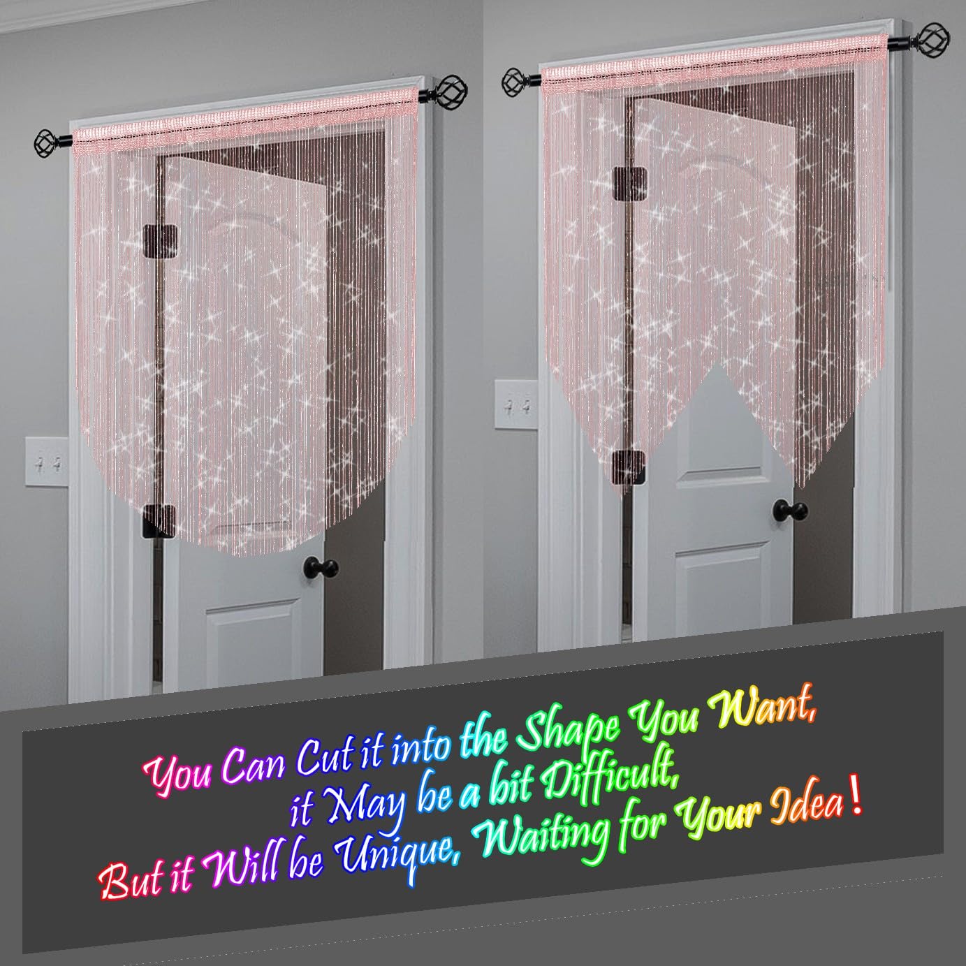 Atsweetlife Door String Curtain Doorway Beads Curtains,Hanging Room Divider Beaded Decor Hippie Glitter Fringe Panel Closet Window Doors Sequin Sheer Boho Doors Tassel (Pink)