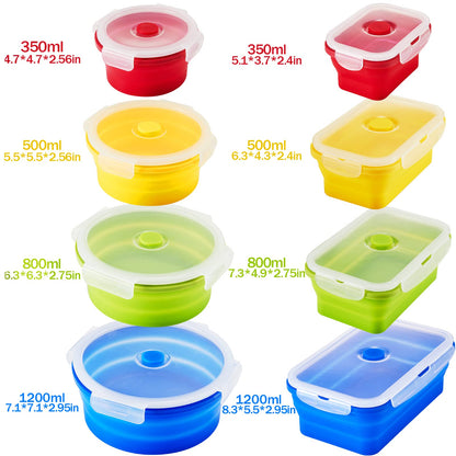 Zopeal 8 Pcs Collapsible Food Storage Containers Foldable Silicone Lunch Containers with Lids 4 Silicone Rectangle Collapsible Bowls and 4 Round Food Bowls Microwave Freezer Dishwasher Safe (Blue)