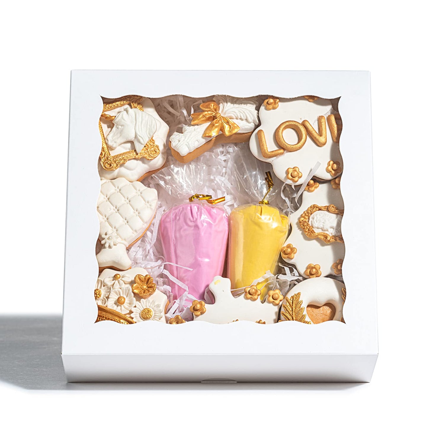RomanticBaking 50pcs 8x8x2 Inches Bakery Boxes with Window Cookies Boxes Chocolate Covered Strawberries Boxes Cakesicle Boxes for Christmas Valentine's Halloween Easter Father's Mother's Day
