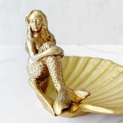 Jewelry Dish, Resin Mermaid Shell Dish Ring Holder Jewelry Organizer Trinket Dish, Golden Mermaid Shell Statue Home Decor for Home Office Desktop Bookshelf