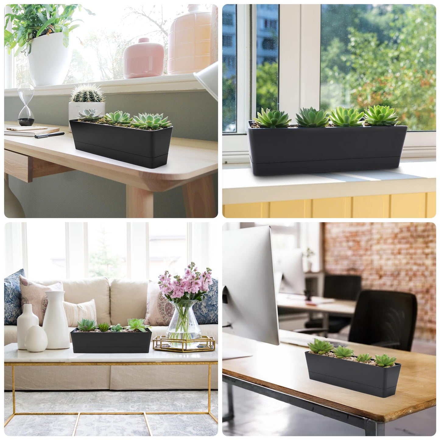 GREANER 3PCS 16x3.8 Inch Window Boxes Planters, Black Rectangle Planters Box with Drainage Holes and Trays, Herb Succulents Flowers Plastic Pot for Windowsill, Garden, Balcony, Indoor, Outdoor Decor