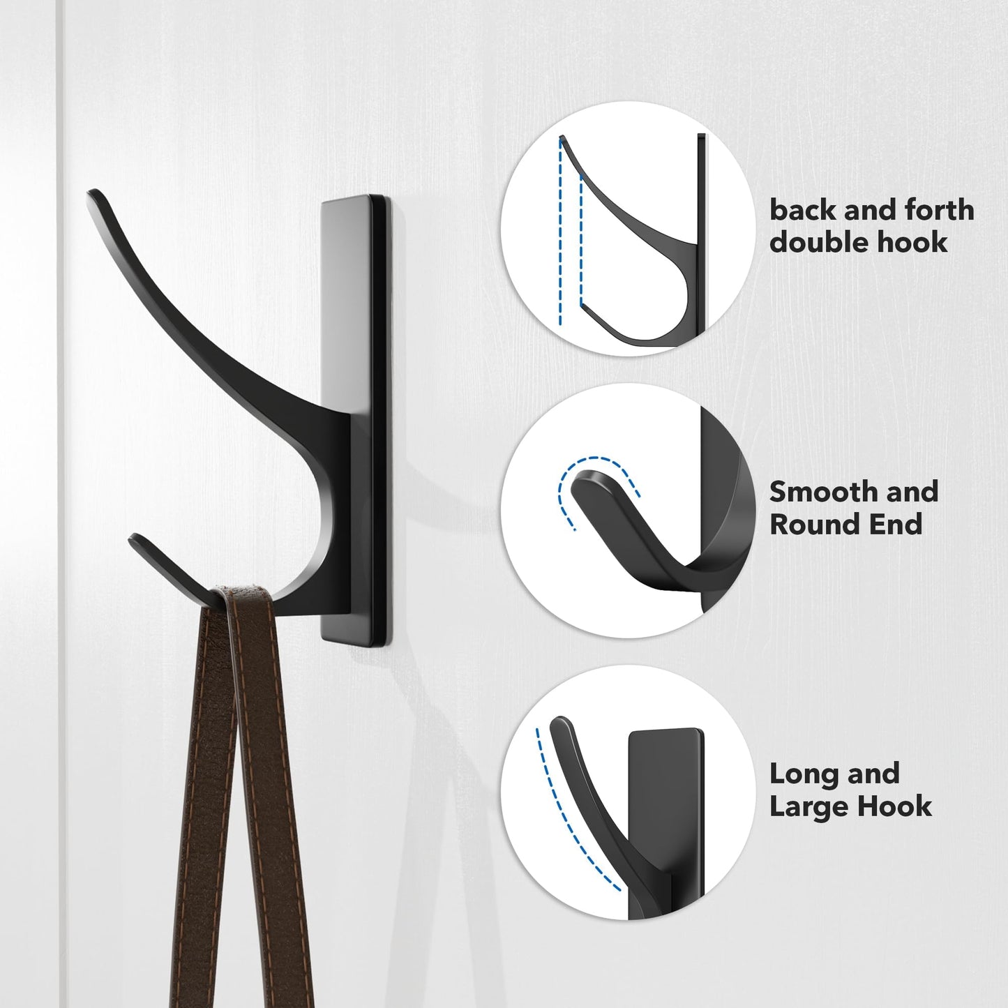 pickpiff Matt Black Self Adhesive Coat Hooks for Hanging: 13LB Extra Strong Stainless Wall Hook for Towel, Utensil, Backpack, Hat, Sturdy Metal Hanger for Bathroom, Kitchen, Door, 6-Pack