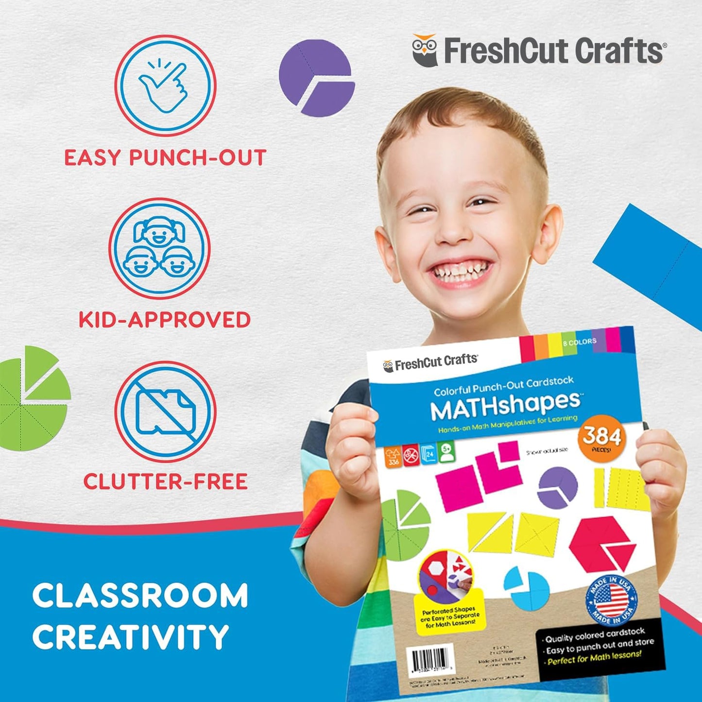 384 Pieces MATHshapes Fractional Math Manipulative Shapes Easy-Punch-Out Easy-to-Separate Paper Shape Cutouts in 8 Bright Colors US Made Card Stock Ideal for Learning Fractions, Measurements, and More