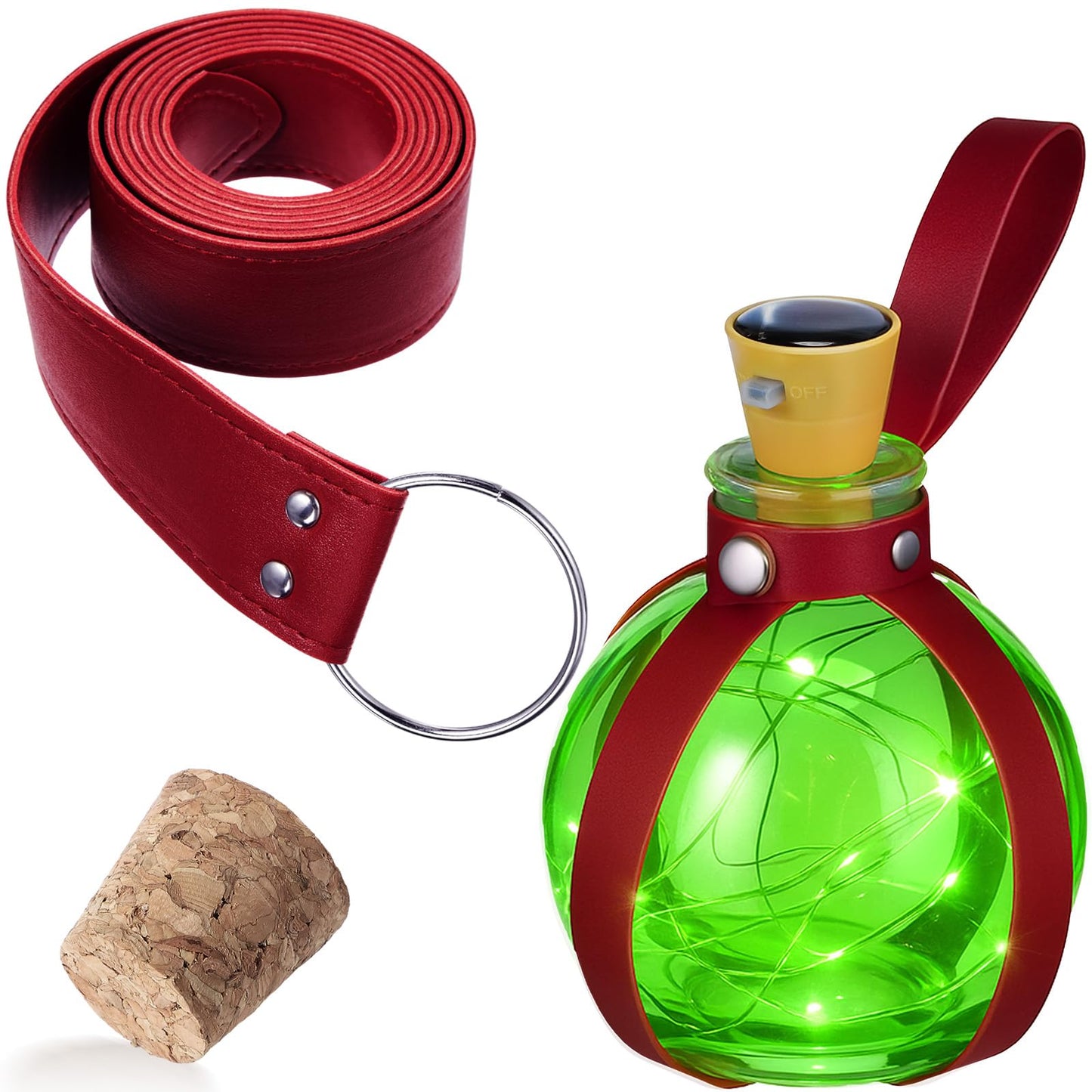 Geyoga Halloween Witch Potion Bottles Wizard Staff Solar Light up Medieval Renaissance Witch Accessories Dark Magic Cork Bottle with Belt Decor(Burgundy with Green Light)