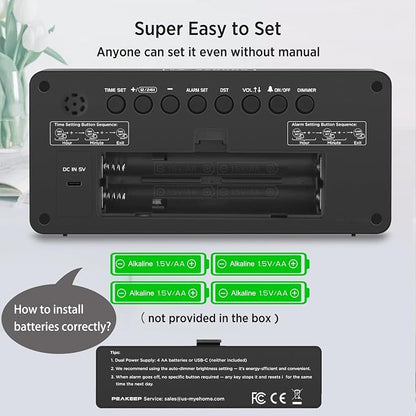 Peakeep Battery Operated Digital Alarm Clock for Bedrooms Cordless - Auto/Manual Dimmer, Volume Adjustable, Large Big Numbers Display, Dual Power Supply