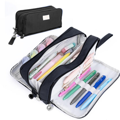Four Candies Black Pencil Case 3 Compartment Pouch, Large Pencil Pouch for School, Girls, Teen Boys, Women, Black, Removable Handle & Zipper, Cute Pencil Bag for Office, College